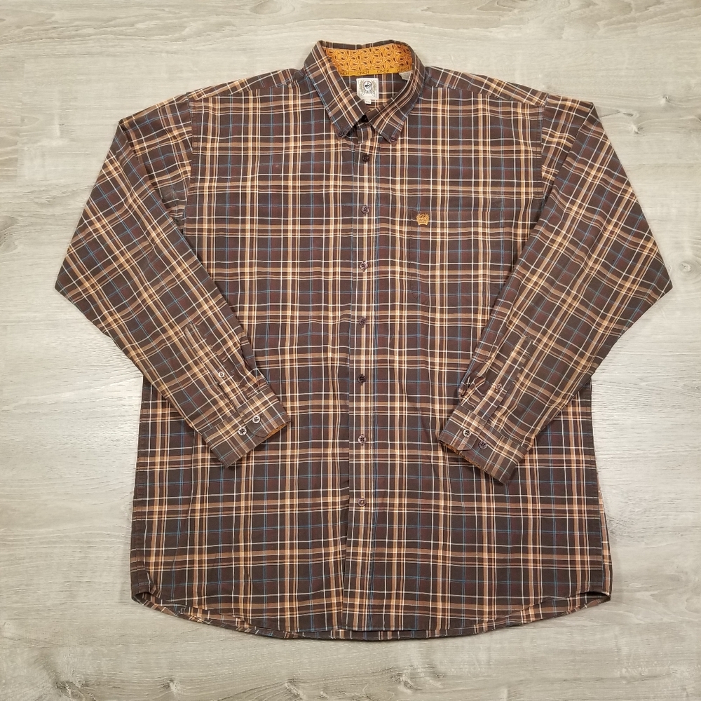 Cinch Plaid Western Cowboy Long Sleeve Button Down Shirt XL Brown Orange Blue